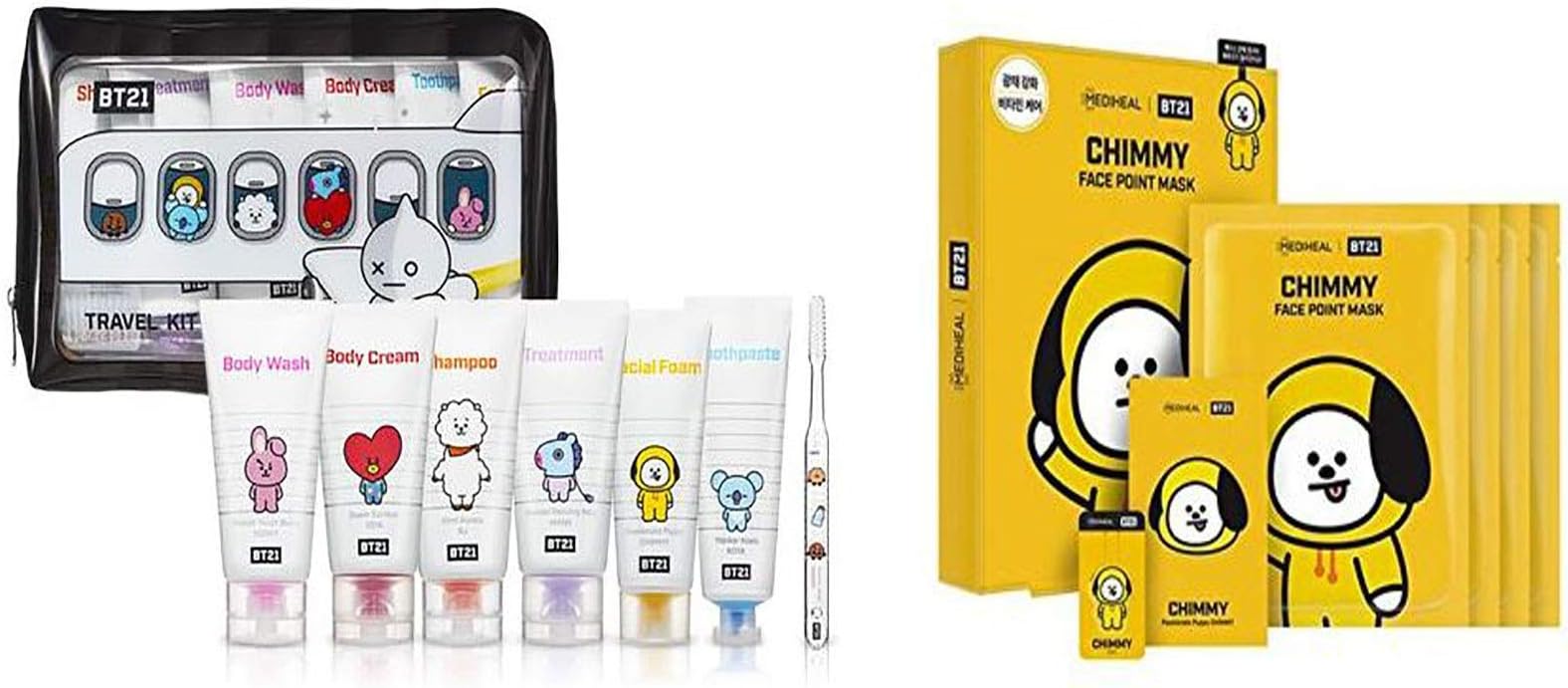 BTS OFFICIAL MERCHANDISE COSMETICS TRAVEL KIT (POUCH INCLUDED) + MEDIHEAL MASK PACK+EXTRA BTS PHOTOCARDS (JIMIN CHIMMY)