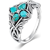 Reaii Natural Turquoise Ring for Women 925 Sterling Silver Turquoise Leaf Ring Western Oval Bohemia Jewelry Vintage Gift for Wife Mom US Size 6-8