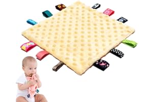 ANJEEIOT Baby Tags Security Blankets - Baby Soothing Plush Blanket with Colorful Tags, 10"x10" Square Sensory Toys, Lovey for 3 Months+ Babies Boys and Girls (Yellow)