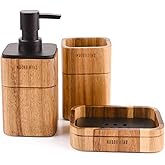 Lunavita Bathroom Accessories Set 3 Piece Bath Ensemble Includes Soap Dispenser, Bathroom Tumbler, Soap Dish Accessories for Decorative Countertop and Housewarming Gift,Acacia Wood