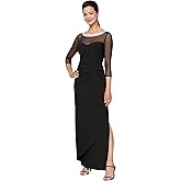 Alex Evenings Womens Long Matte Jersey Mother of The Bride Dress with 3/4 Illusion Sleeves (Petite and Regular Sizes)