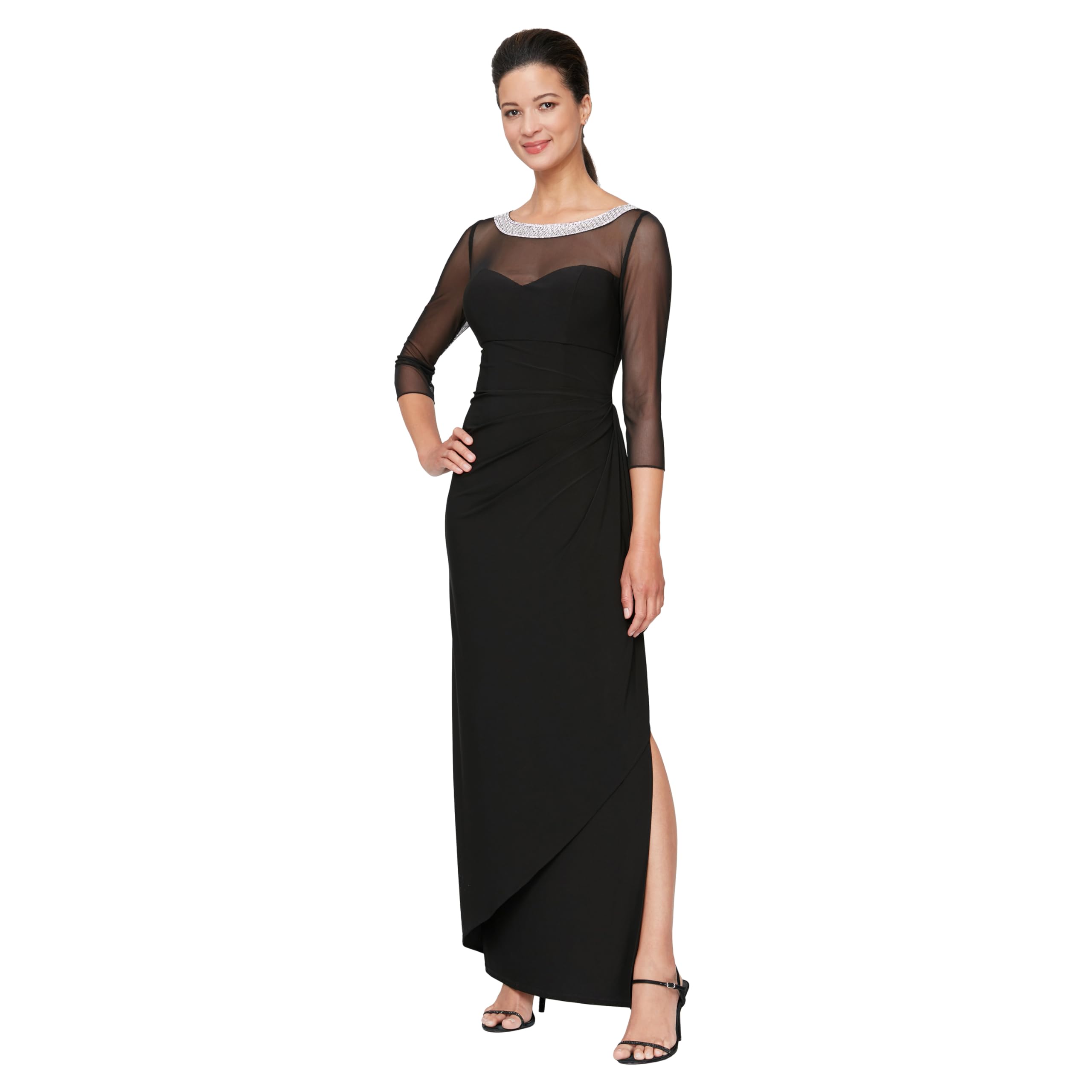 Alex Evenings Women’s Long Matte Jersey Mother of The Bride Dress with 3/4 Illusion Sleeves (Petite and Regular Sizes), Classic Black, 6
