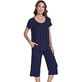 WiWi Pajamas for Women Soft Cooling Short Sleeve Sleepwear with Capri Pants Viscose from Bamboo Pjs Sets S-XXL