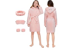 EPLAZA Girls Boys Fleece Robe with Eyemask Hairband wrist towels Kids Hooded Plush Lightweight Bathrobe Sleepwear
