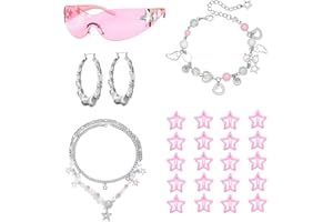 Y2k Costume Accessories Kit for Women Star Necklace Bracelet Silver Hair Clips Vintage Jewelry Set Birthday Party Gift