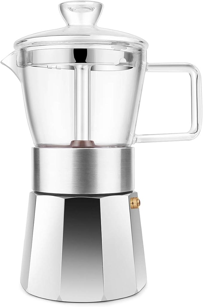 GEESTA Premium Crystal GlassTop Stovetop Espresso Moka Pot 6 Cup