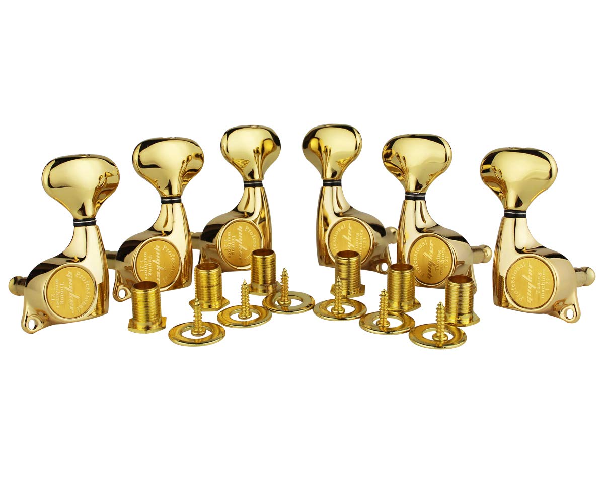 Guyker 6Pcs Guitar Machine Heads (3L + 3R) – 1:21 Sealed Tuning Key Pegs Tuners Set Replacement for ST Tele SG Style Electric or Acoustic Guitars – Golden