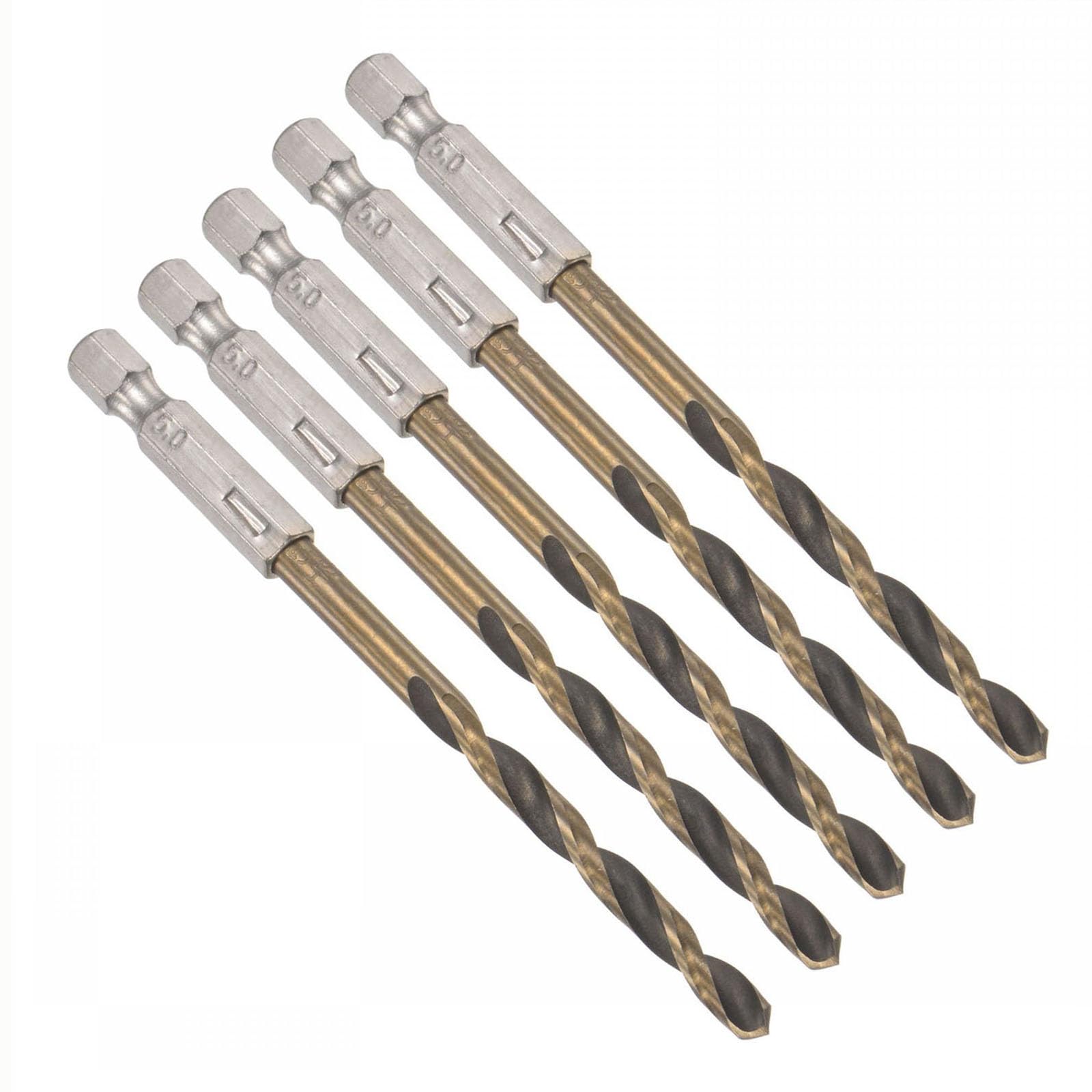 TOP-VIGOR 5Pcs 4.8mm HSS Hex Shank Twist Drill Bits, High Speed Steel Drill Bit Set 1/4 Inch Shank, Quick Change Drill Bits for Steel, Wood, Plastic, Aluminum