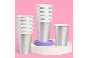 xo, Fetti Silver Iridescent Shimmer Paper Cups | 50 pcs 12 oz | Holographic Bachelorette Party Drinkware, Birthday Tablescape Supplies, NYE Disco Rave Decor