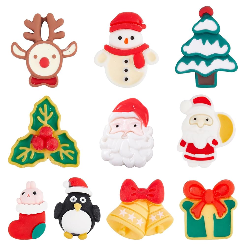 SUNNYCLUE 1 Box 40Pcs 10 Styles Christmas Cabochons Flatback Christmas Embellishments Winter Cartoon Xmas Tree Gift Flatback Resin Cabochons for Craft DIY Headband Scrapbooking Cellphone Case Decor