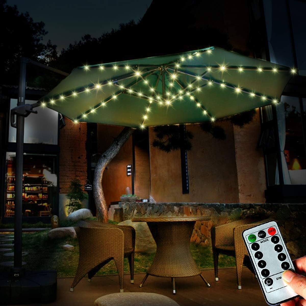 Patio Umbrella Lights String Led Battery Operated With Remote Timer 8 Lighting Mode Dimmable 104 Led 8 Branches Fairy Lights String Warm White Cable Ties Included Amazon Com