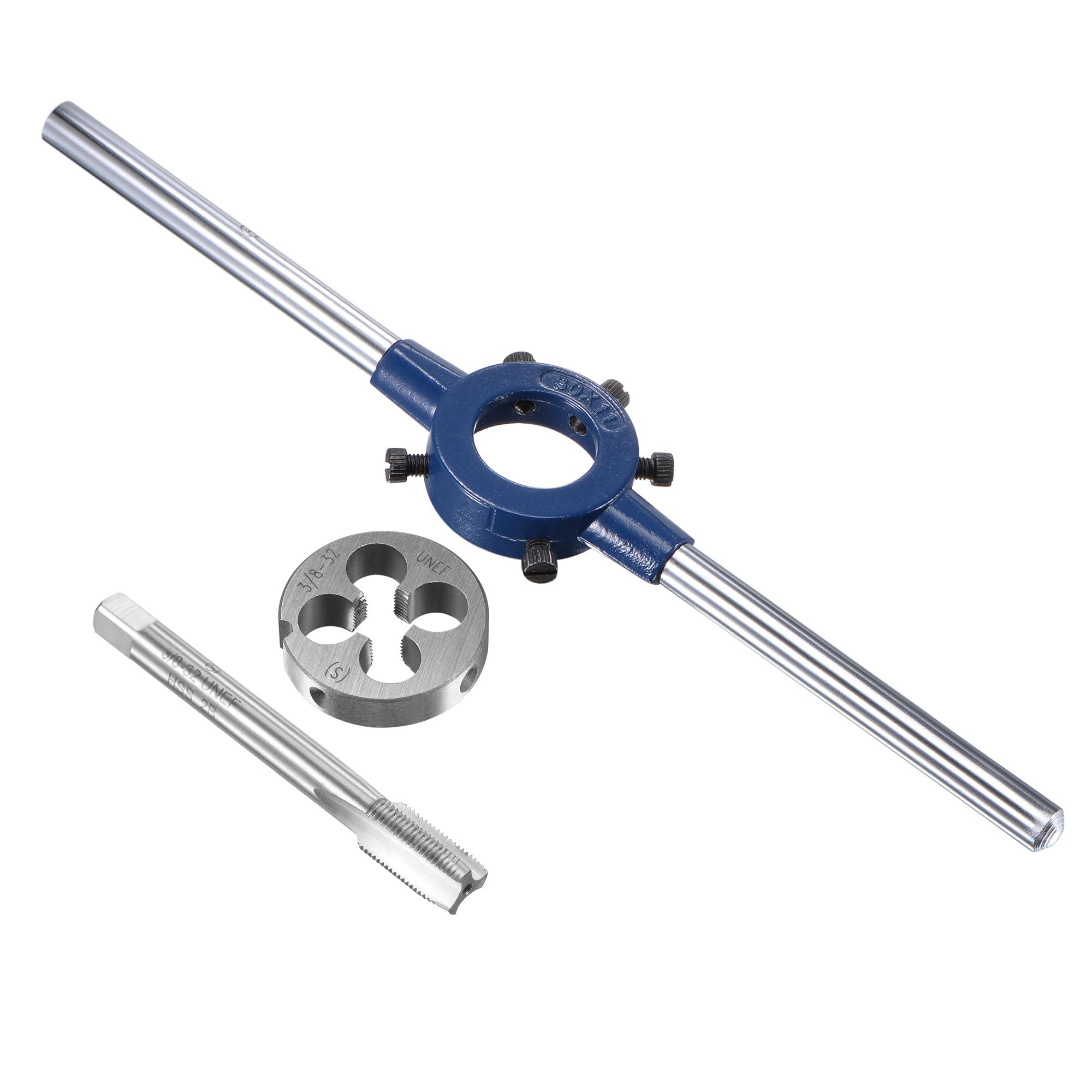 sourcing map 3/8-32 UNEF Tap and Die Set with 30mm Round Die Stock Handle Wrench, High Speed Steel Machine Thread Tap and Round Die Threading Tool