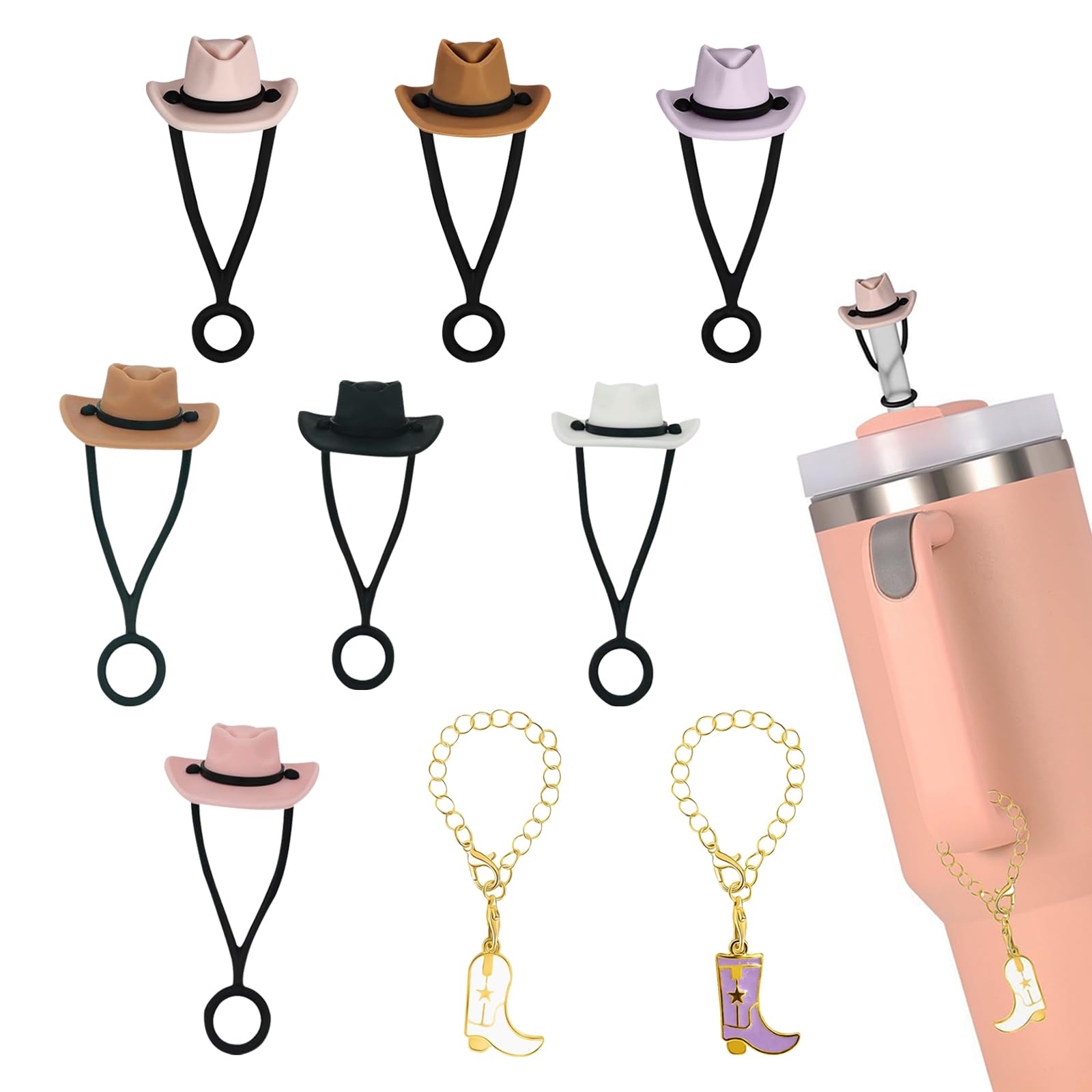 KASESSS 7 Pieces for Stanley Cup Straw Cover, 10mm Universal Straw Toppers, Silicone Cowboy Hat Straw Covers with 2Pcs Boots Hangings, Dustproof Straw Topper, Reusable Straw Cap for Stanley Cup Straw