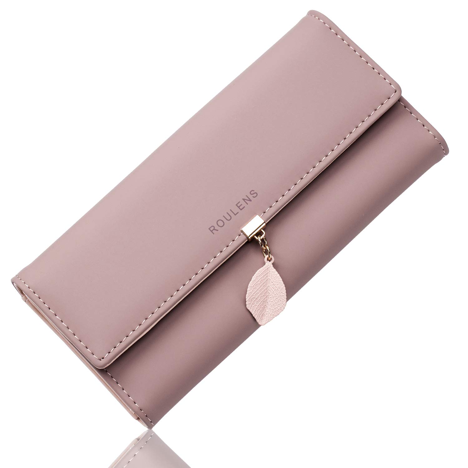 Roulens Ladies Purse, RFID Blocking PU Leather Wallet for Women Leaf Pendant Zipper Coin Purse with Multiple Card Slots and Roomy Compartment