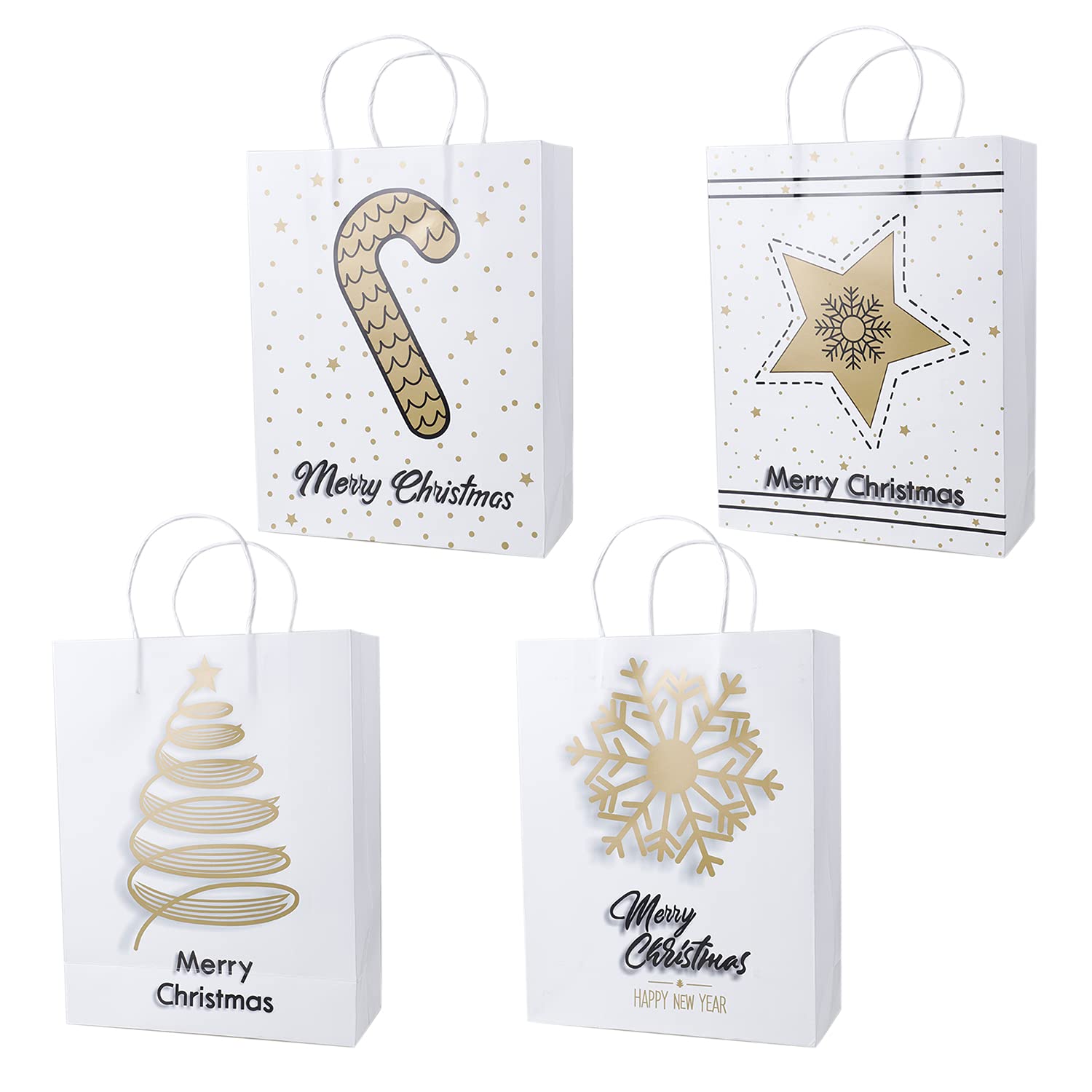 HBell 12pcs Christmas Kraft Gift Bags - 4 Patterns Paper Bags With Handles, White Gold Gift Wrapping Bag for Xmas Packing, Festival Party Supplies — image 1