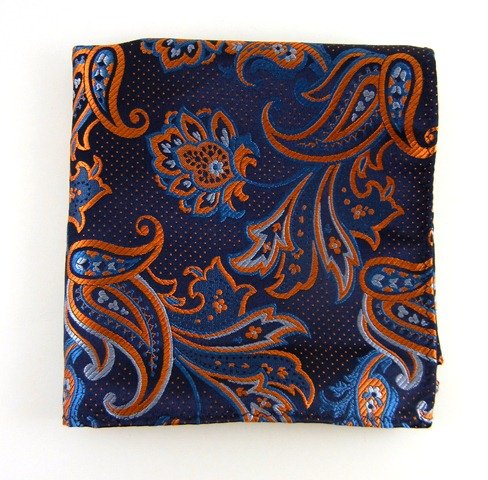 THE TIE BAR 100% WOVEN SILK NAVY AND ORANGE PIN PAISLEY POCKET SQUARE