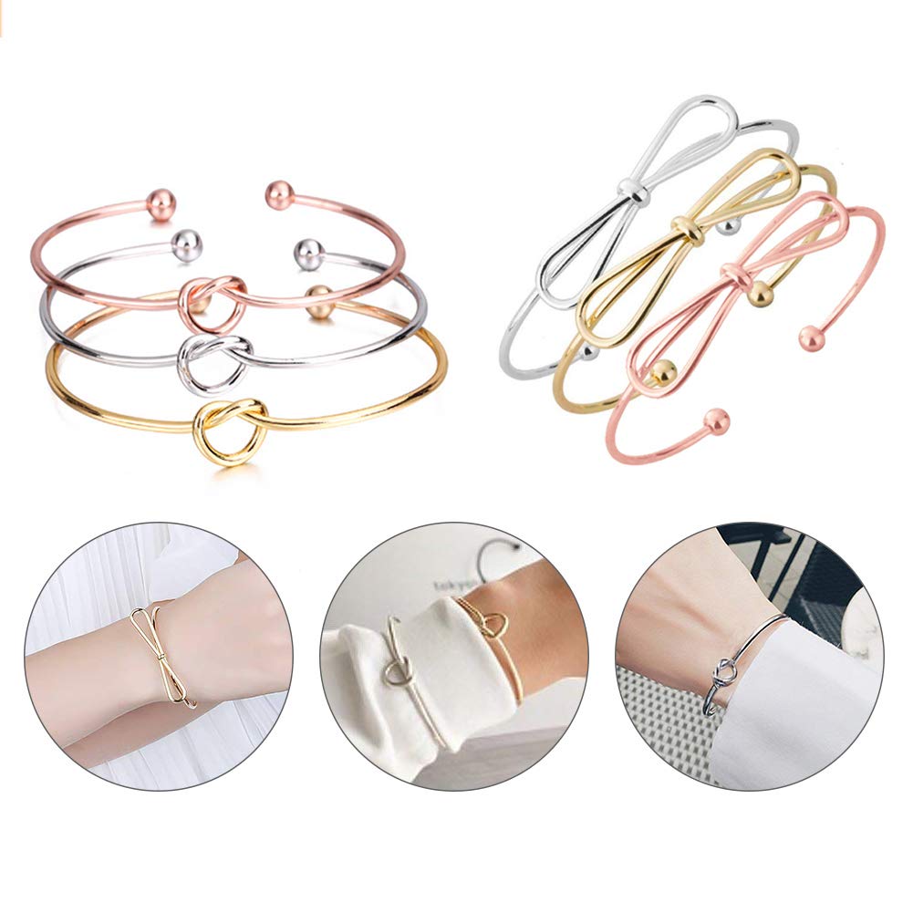 6 Pcs Simple Bangle Bracelet, Love Knot Bangle and Bow Knot Bracelet, Adjustable Cuff Bangle for Women Girls (Silver, Gold and Rose Gold)