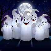 IRETG 8FT Long Halloween Inflatable 6 Cute Ghosts, LED Yard Decoration | 5FT Tall, 8FT Long, Tear-Resistan Polyester, Built-in LED Lights, 6 Stakes & 4 Ropes, 3-Min Fast Setup, 6 Funny Ghosts