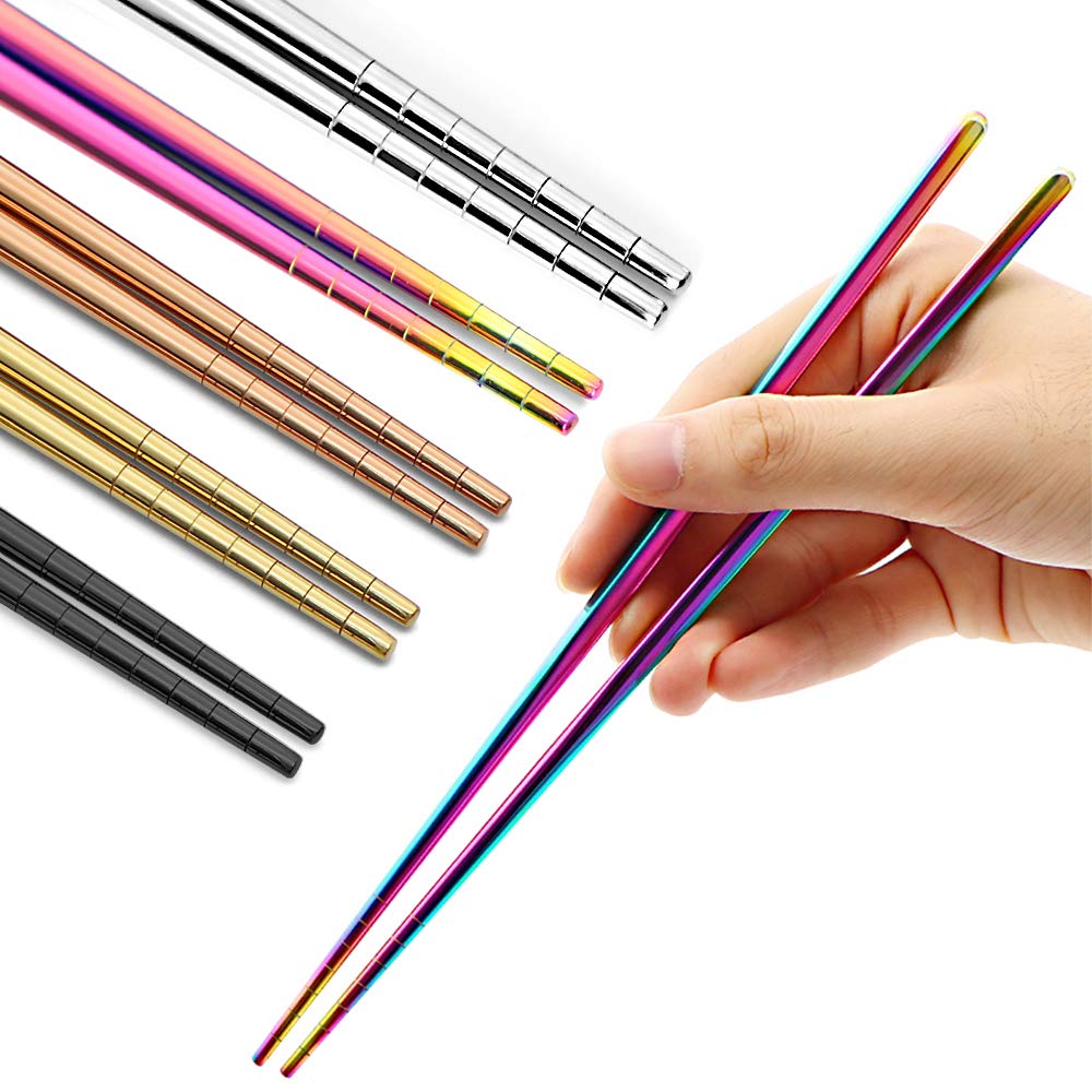 Stainless Steel Chopsticks Reusable Multicolor Lightweight 304 Metal Chopsticks Dishwasher Safe - 5 Pairs (Multi)