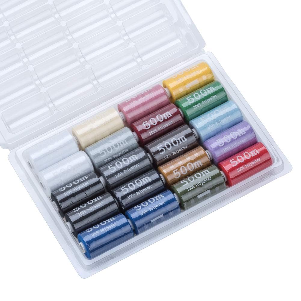 Sewing Thread Set 100% Polyester Thread for Sewing Machine, Quilting and Hand Stitching in Storage Package (20, 14 Colors Plus 2 x White, 2 x Black & 2 x Royal, 500 Meter)