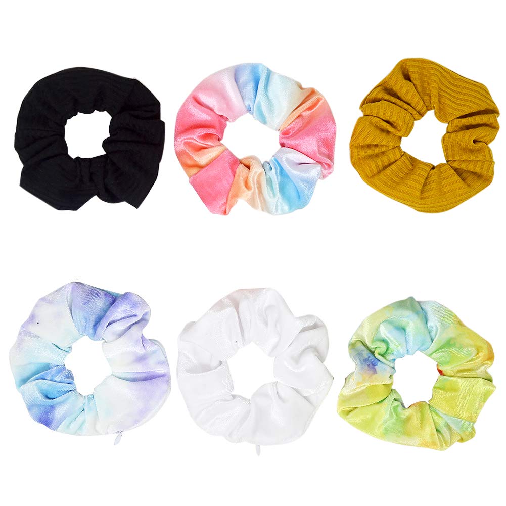 Velvet Hair Tie Scrunchies for Girls & Women - Original Hidden Pocket Scrunchie with Zipper Pocket Storage for Accessories, Small Items, Keys, Money (6-Pack-2)
