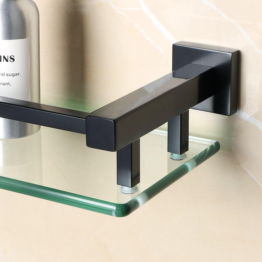 SAYAYO Tempered Glass Shelf Square Bathroom Shelf with Rail Wall Mounted 20 inches, Stainless Steel Matte Black, EGC2000-B - Image 5
