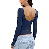 Womens Backless Double Lined Top Long Sleeve Y2K Going Out Top Sexy Open Back Boat Neck Shirt Slim Fit Spring Fall Tee