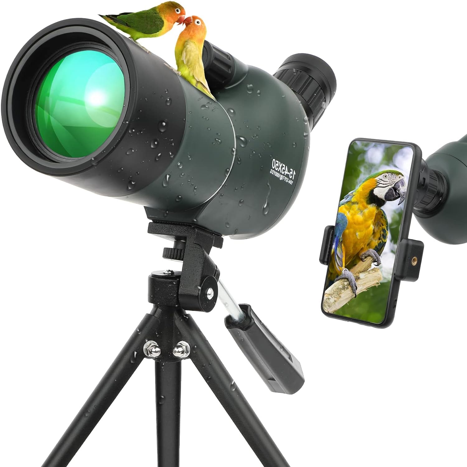 Spotting Scope 15-45x50, HD Waterproof Spotting Scope with Tripod, Carrying Bag and Smartphone Adapter for Bird Watching Safari Sightseeing Stargazing Archery Camping Wildlife Scenery