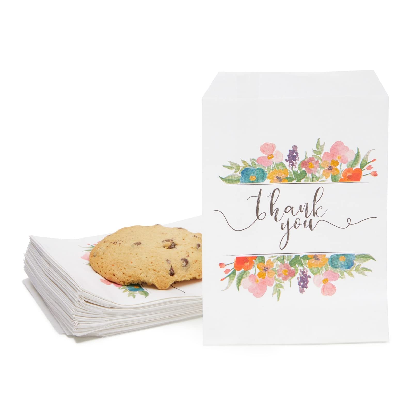 Photo 1 of 100 Pack Paper Cookie Bags - 7.5 x 5 Inch for Party Favors, Treats and Candy; Wedding Individual Bag with Floral Thank You Design & Mini Gift Pouch for Snacks and Goodies