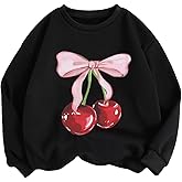 WDIRARA Girl's Cherry Bow Graphic Sweatshirts Crew Neck Long Sleeve Cute Pullover Tops