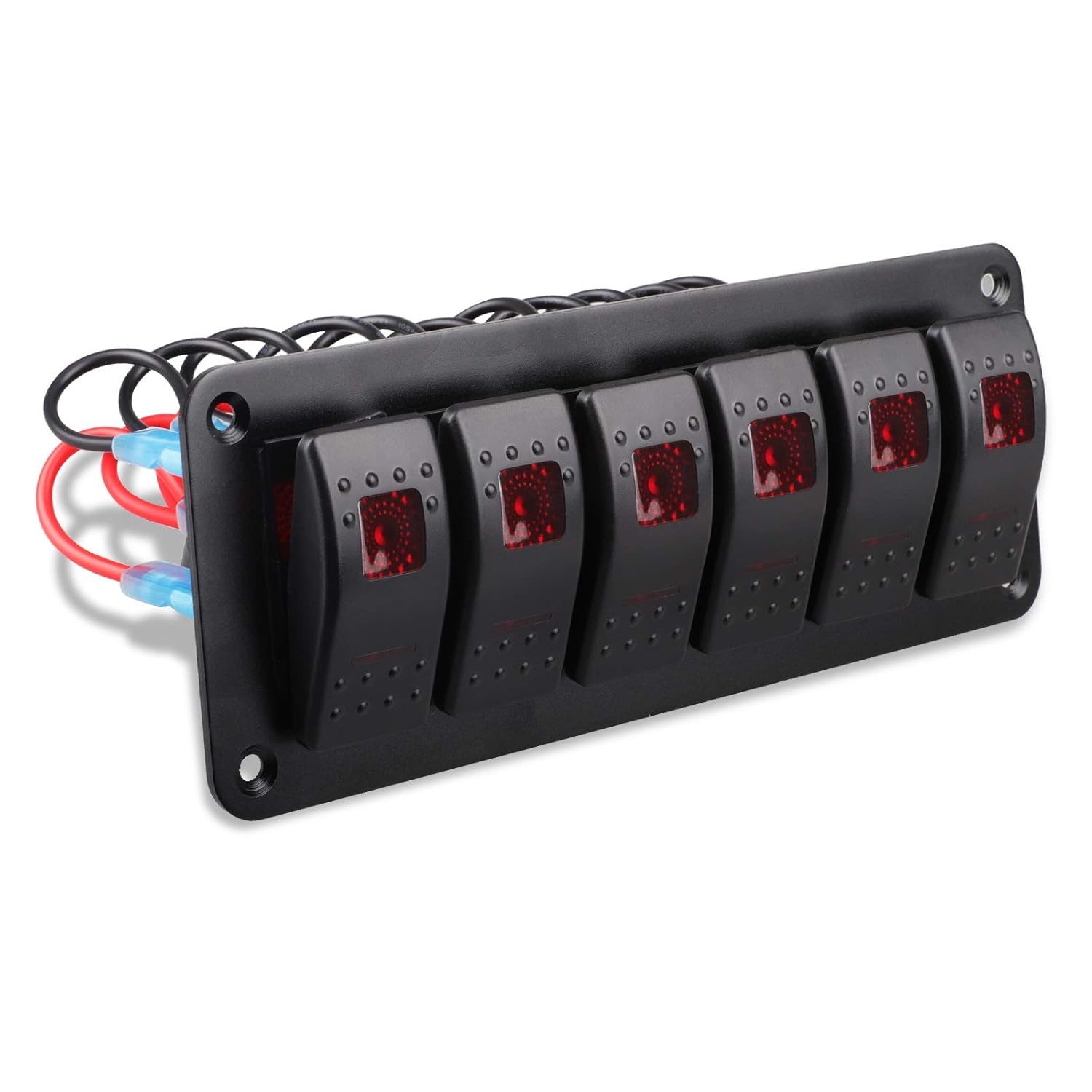 Pre-Wired Rocker Switch Aluminum Panel 6 Gang Toggle Switches Dash 5 Pin ON/Off 2 LED Backlit for Boat Car Marine