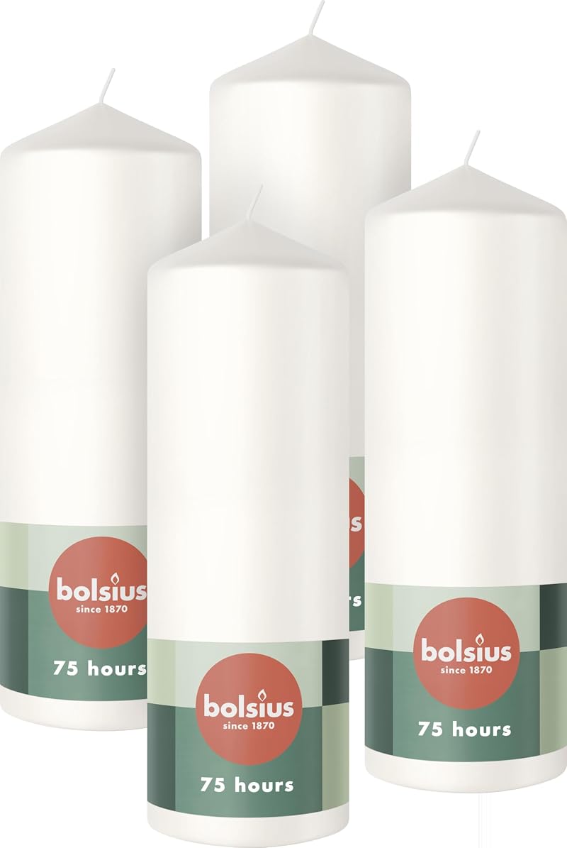 Bolsius Pillar Candles White 4-Pack 20 x 7 cm Unscented 75h Burn Time