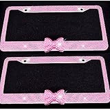 Bling Bling License Plate Frames -8 Row Pure Handmade Waterproof Glitter Rhinestones Crystal License Frames plate for Cars with 2 Holes with Screws Caps Set (2-Pack Pink Bow)