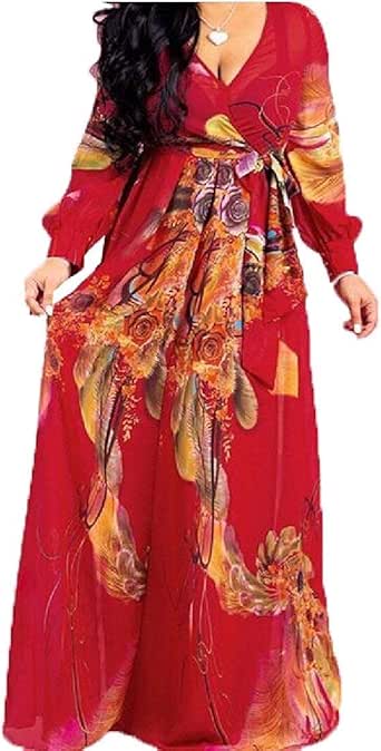 Hadudu Women's Vogue A-Line V Neck Flower Printing Sexy Chiffon Maxi Dress at Amazon Womenâs 