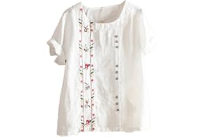KICILVS Women's Summer Tops Casual Cotton Linen T Shirts Short Sleeve Round Neck Shirt Oversized Floral Graphic Tees