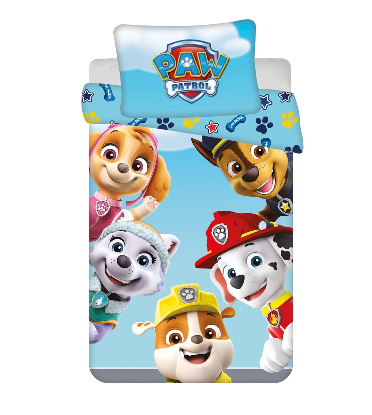 Paw Patrol Baby Bedding Set | Riversible Duvet cover 100 x 135 cm + Pillowcase 40 x 60 cm, 100% Cotton | Paw Patrol Skye Everest Rubble Chase Marshall Team