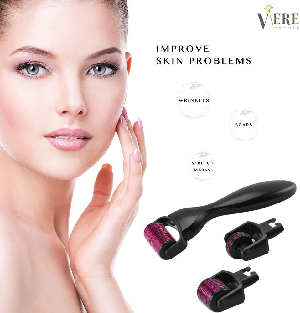 Derma Roller, VereBeauty Facial Skin Care Tools 3 in 1-Home Use Beauty Massage Tools, Great for Wrinkles, Stretch Marks, Acne, Hair Loss, Enlarged Pores-Includes Travel and Storage Case (Black)