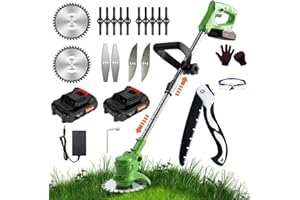 DOMPOU 21V Electric Weed Wacker Cordless String Trimmer Battery Power Weed Eater Brush Cutter Lawn Mower with 4 Cutting Blade Types, 2 * 2.0Ah Battery and Charger Included, 2 in 1 Lawn Mower