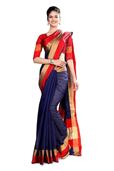 Uniform Sarees Womens Poly Cotton Saree with Blouse Piece (D.No-810/2019 , Blue Maroon)