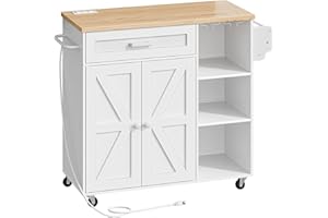 Kitchen Island Trolley with Power Outlet, Spice Rack, Rolling Storage Cart with Drawer, Versatile Island Table with Cabinet, 