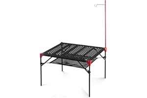 iClimb Extendable Folding Table Large Tabletop Area Ultralight Compact with Hollow Out Tabletop for Camping Backpacking Beach Concert BBQ Party, Three Size (Black - L + Hanger)