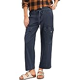 Cicy Bell Womens Cotton Cargo Pants Low Rise Drawstring Waist Wide Leg Casual Hiking Pants with Multiple Pockets