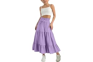 Teen Girls Maxi Skirts Cotton Linen Long Flowy Elastic High Waist Skirt Kids 2026 Summer Casual Ruffle A-Line Flared Skirt