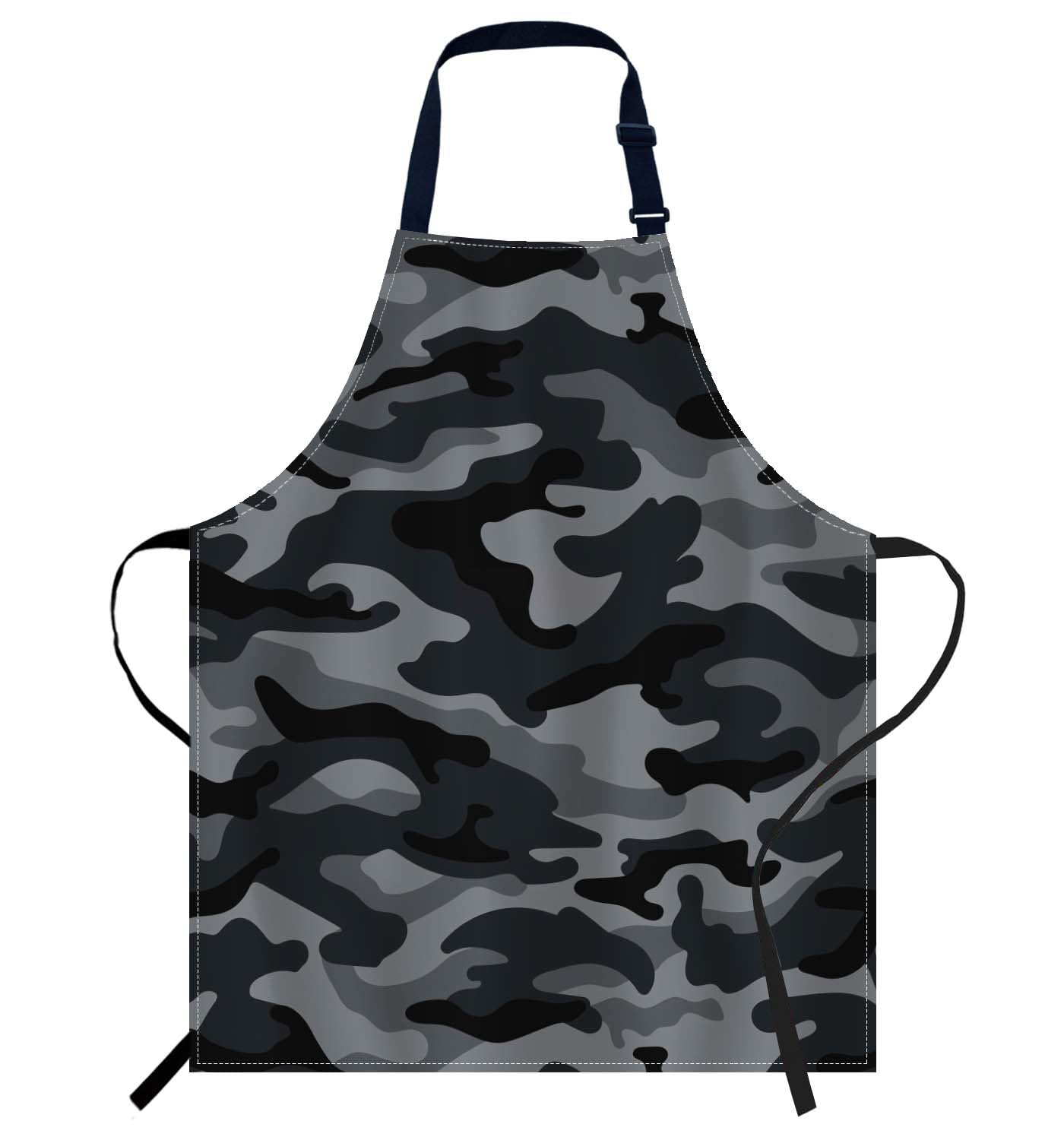 Smooffly Camouflage Pattern Apron - Black & Gray Chefs Apron for Men & Women, Kitchen & BBQ Bib