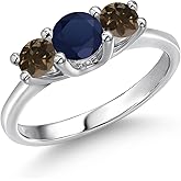 Gem Stone King 14K White Gold Blue Sapphire & Brown Smoky Quartz 3-Stone Engagement Ring | 1.12 Cttw | Round 5MM and 4MM | 3 Stone Wedding Anniversary Promise Ring For Women