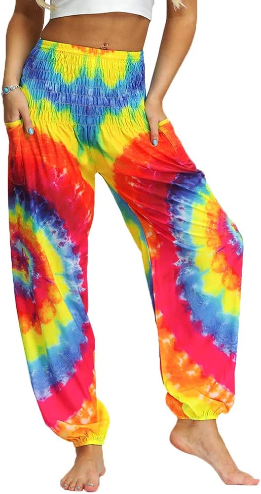 Nuofengkudu Women's Hippie Baggy Harem Trousers Smocked High Waist Soft Boho Print Colourful Yoga Pants with Pockets Lightweight Flowy Travel Holiday Summer Beach Party (Rainbow A