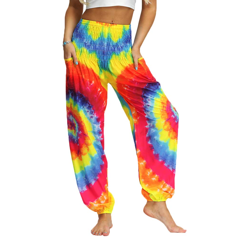 Nuofengkudu Women's Hippie Baggy Harem Trousers Smocked High Waist Soft Boho Print Colourful Yoga Pants with Pockets Lightweight Flowy Travel Holiday Summer Beach Party (Rainbow A, One Size)