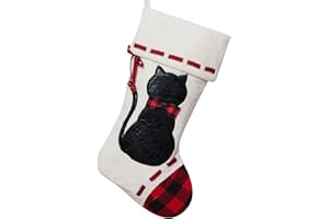 ALLYORS Cat Christmas Stocking 19’’ Xmas Pet Hanging Stockings with 3D Black Leather Cat Pattern Oversize Handmade Xmas Fireplace Hanging Stockings Decorations for Family Holiday Season Party Decor Pets Gifts