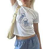 Womens Short Sleeve Y2k Baby Tees Graphic Aesthetic Slim Fit T Shirt Cute Teen Girls Summer Going Out Crop Tops