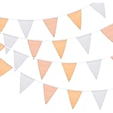 MECCANIXITY 33ft Orange White Plaid Checkered Pennant Banner, 36 PCS Triangle Flags Fabric Bunting Banner for Birthday Wedding Outdoor Garden Decor